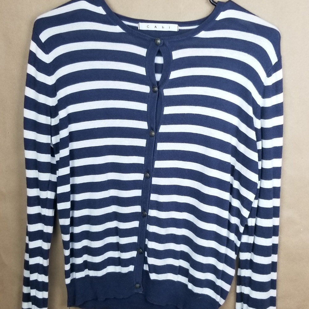 Cabi Blue White Stripe Cardigan Sweater Size Med